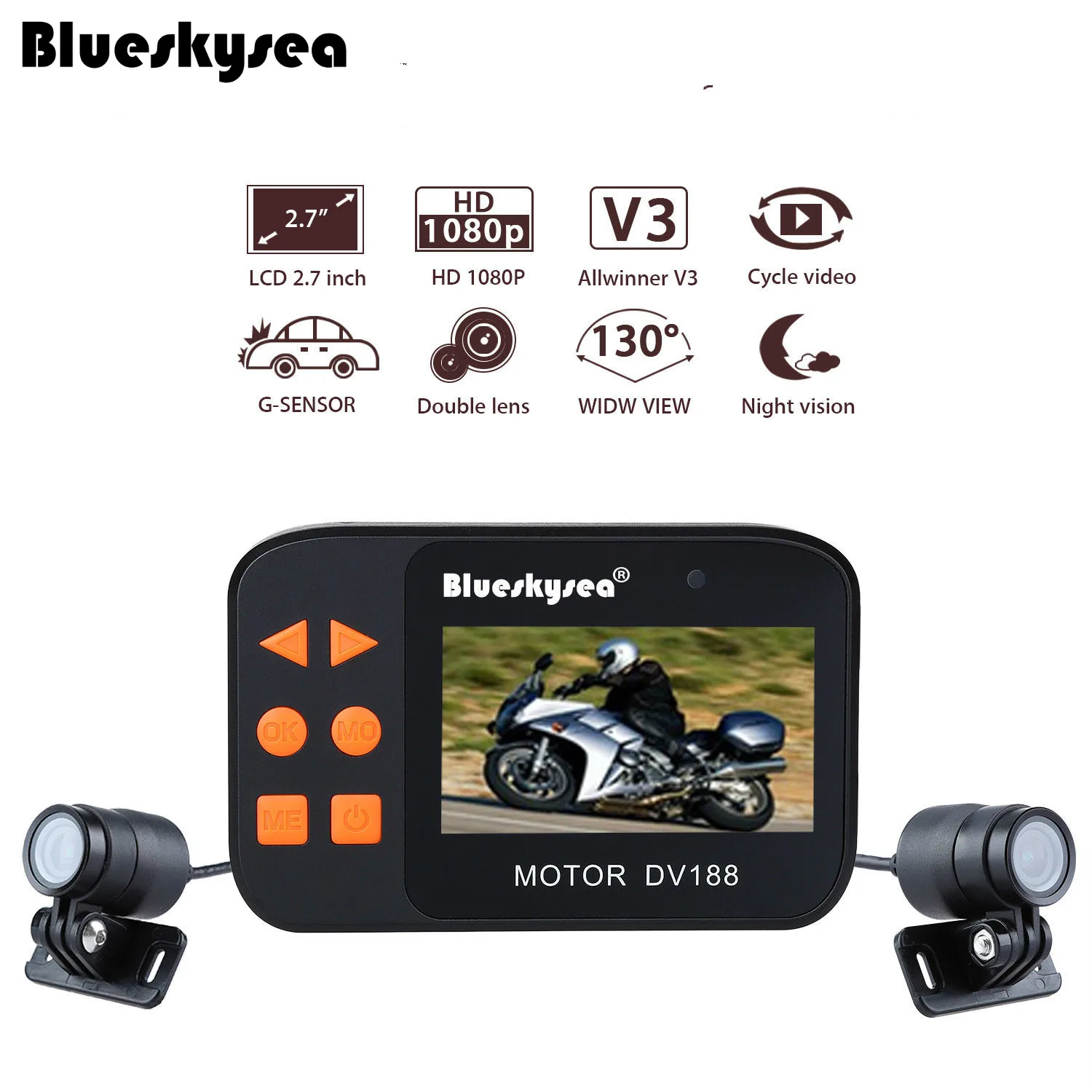 Blueskysea 2," DV188 Спортивная камера видео DVR мопед мотоцикл автомобиль авторегистратор 1080P водонепроницаемый двойной объектив тире Камера видеокамера