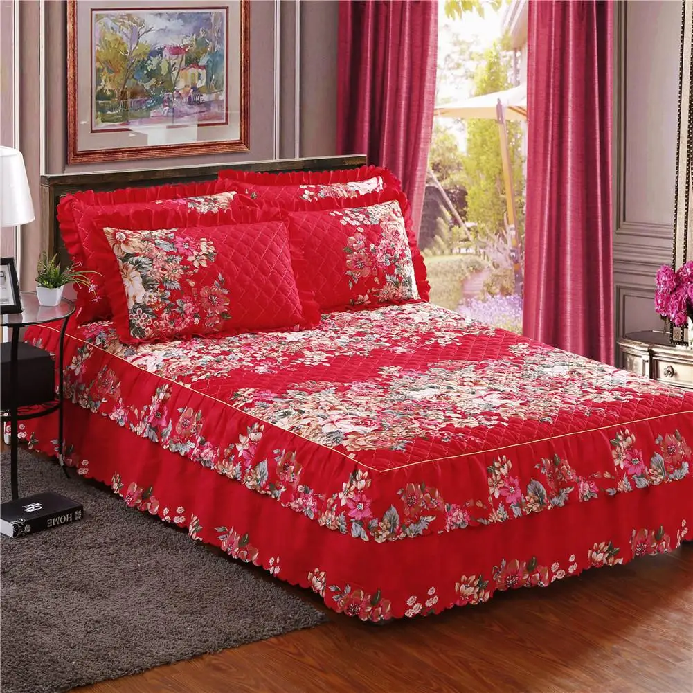 Winter Thickened Floral Print Bed Skirt Queen Size Bed Cover Quilted
