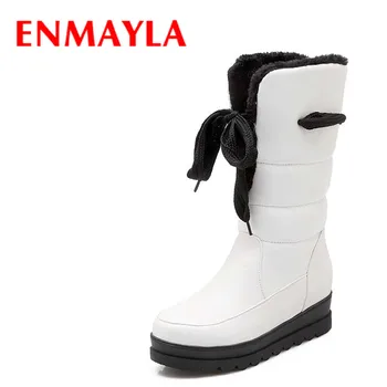 

ENMAYLA Warm Winter Snow Boots Shoes New Round Toe Mid-Calf PU Wedges Med platform girl Boots Big Size34-43 Black, white, red
