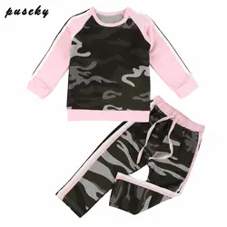 Одежда для маленьких девочек модная футболка с камуфляжным рисунком топ и штаны комплект одежды для малышей из 2 предметов спортивный