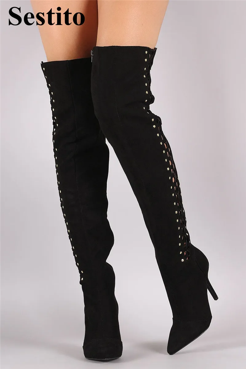 

European Black Rivet Woman Boots Pointed Toe Super High Heel Over-the-Knee Boots Women Thin Heels Zip Female Shoes Spring/Autumn