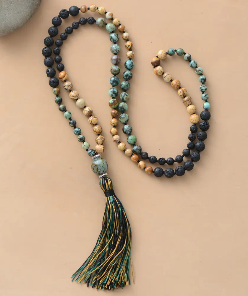 108 Beads Mala Unique Natural Stone Lava Beads Long Tassel Necklace