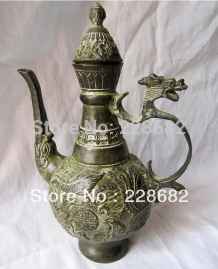 

Metal Crafts Chinese Bronze Carving Dragon And Phoenix Teapot Flagon fast Shipping