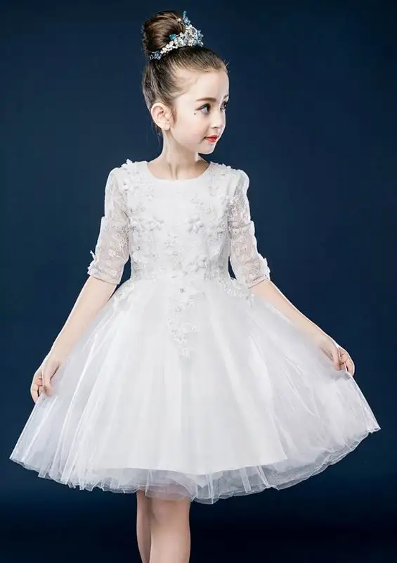 

White Princess Dress for Girls Half Sleeve Embroidery Fluffy Tutu Dress Children Clothing 4-11T J9761