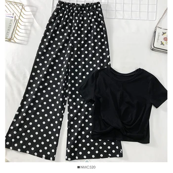 

Heliar 2019 Spring Women Casual Two Piece Outfits Women Playsuits Elegant Playsuits T-Shirt and Polka Dot Pants Sets Women Suit