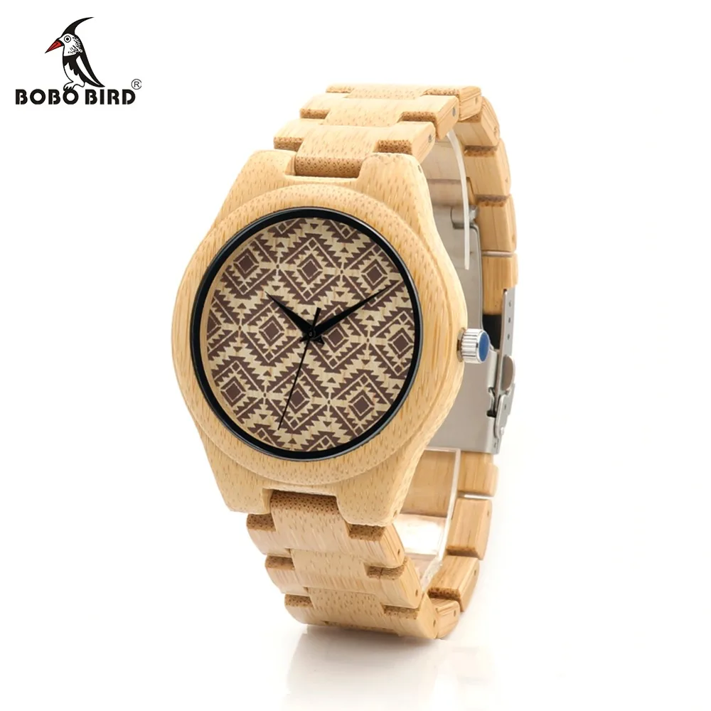 Japan Quartz BOBO BIRD L-I28 Men's Wooden Watch Bamboo Band Wavy Pattern Dial Face Clock for Men in Gift Box