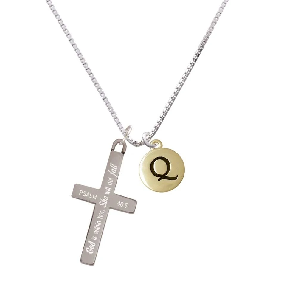 Capital Gold Tone Letter - Q - Pebble Disc - - She will not Fall - Cross Necklace