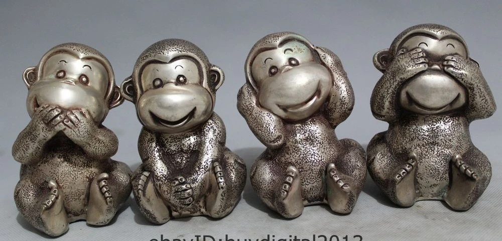 

Full Set Of Lovely China Chinese Silver 4 Kinds Expression Posture Monkey Statue