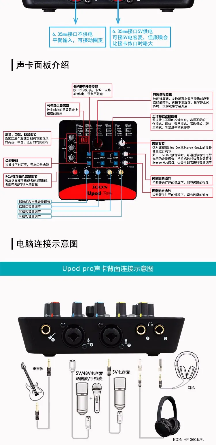 ICON upod pro внешняя звуковая карта 2 микрофона В/1 гитарный вход, 2-выход USB интерфейс записи мобильный телефон компьютер записывающее оборудование