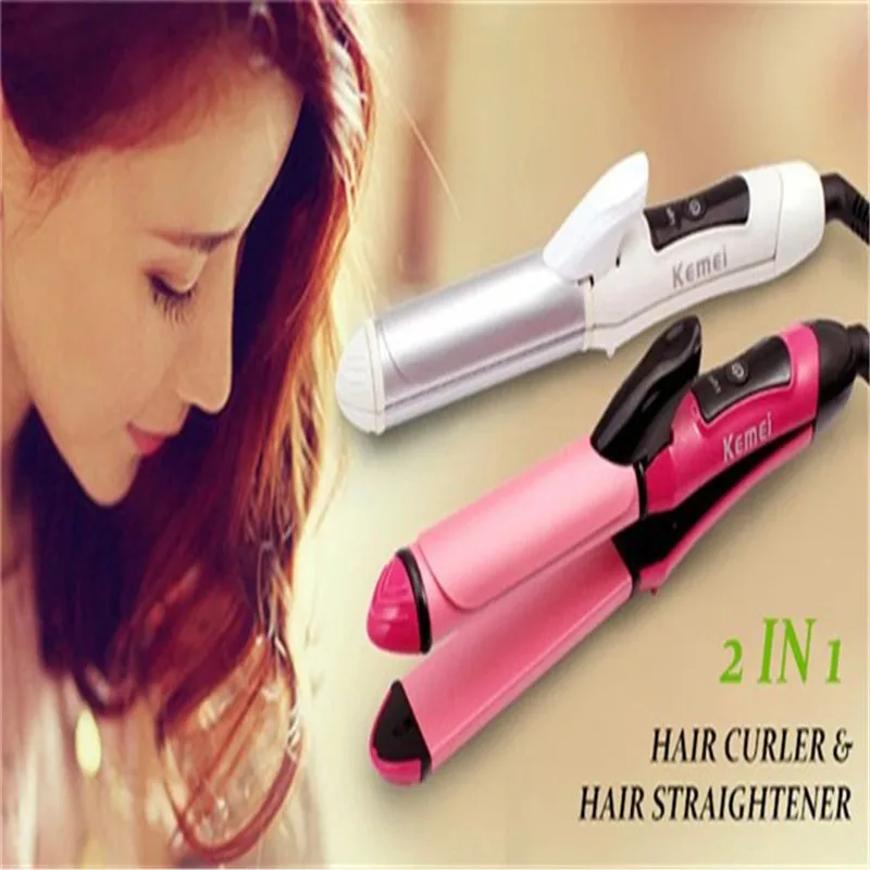 2 In 1 Electic Hair Curl Iron Ceramic Straightener Wave Flat Wand Styling Roller Straighter Hairstyling LCD Curler Tongs Crimple