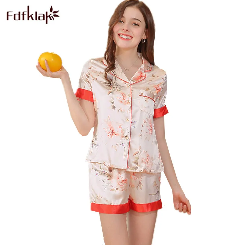 Fdfklak летние шелковые пижамы для Для женщин Pijama атласные пижамы сексуальное пижамные комплекты комплект из 2 частей короткие штаны Пижама Mujer