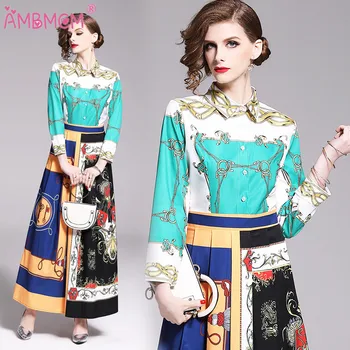 

New 2019 Designer Runway Dress Long Sleeve Maxi Dress Women's Turn Down Collar Hit Color Rose Floral Print Vintage Long Dress