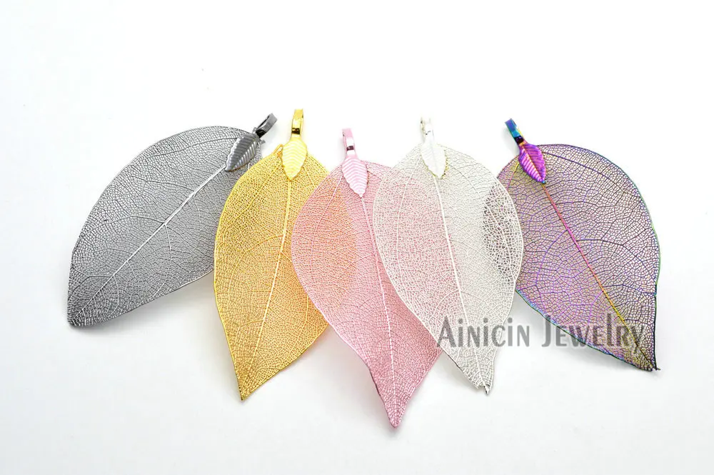 

10pcs Real Leaves Metal Color Plated Pendants Silver Gold Pink Rainbow Leaf For Pendant And Earring Making Findings