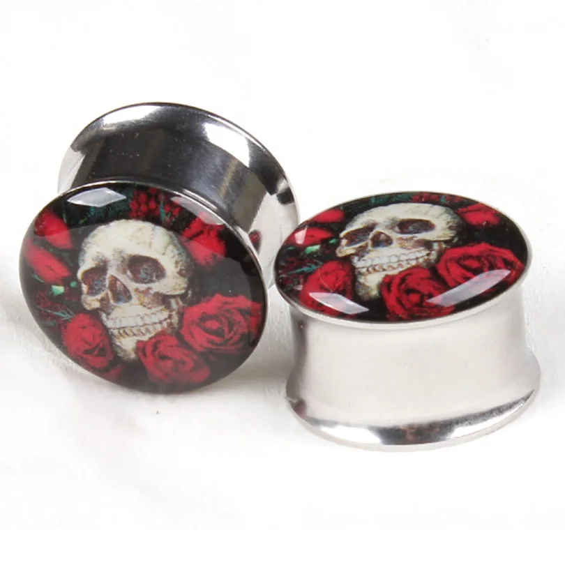 

2pcs Rose Skull Logo Stainless Steel Ear Expander Screwed ear earring Gauges fesh plug tunnel pattern Body Piercing Jewelry