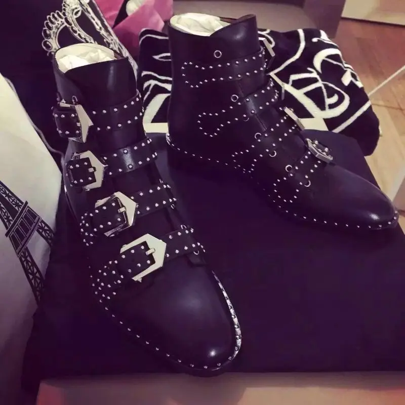 New Short Boots European And Catwalk Pointed Rivet Punk Ankle Boots Female Boots Size Shoes Serpentine Black Shoes  Rivets