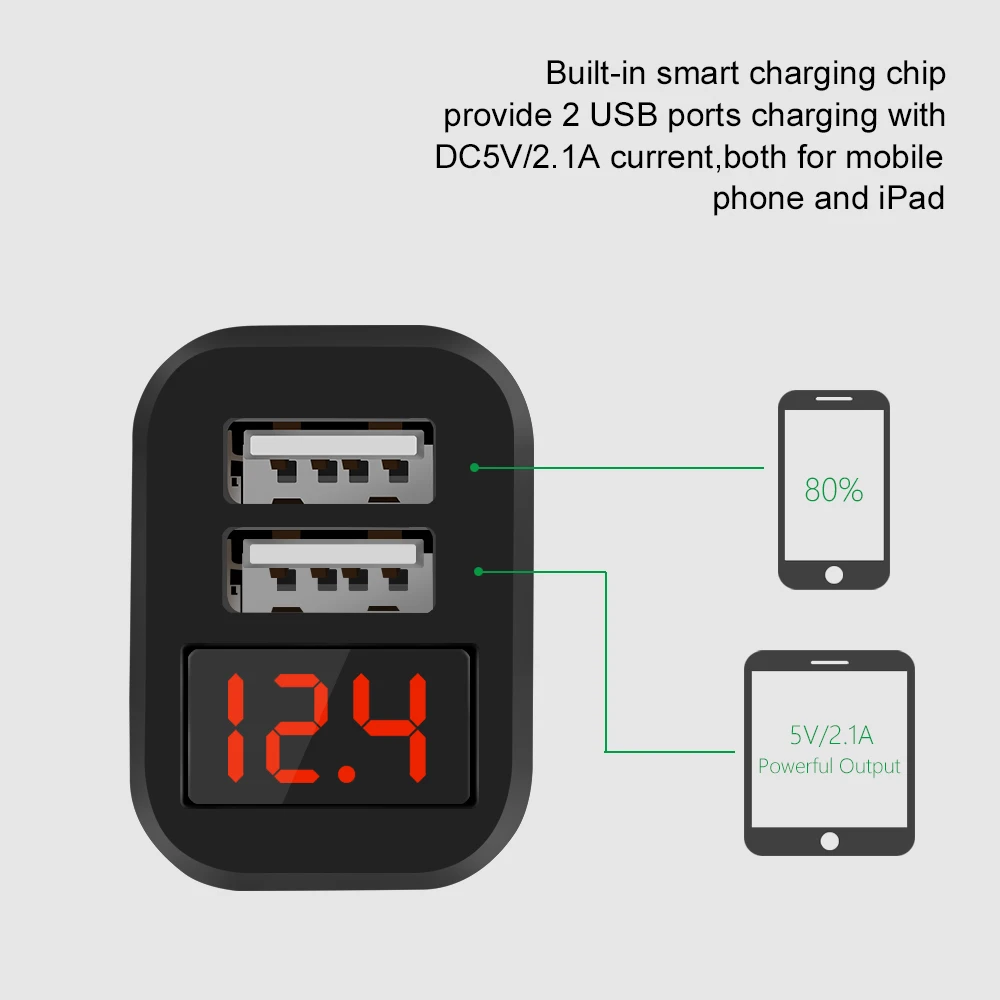 Автомобильное зарядное устройство с двумя usb-портами для iPhone 11 Pro XR, светодиодный смарт-дисплей, зарядное устройство для мобильного телефона, автомобильное зарядное устройство для планшета huawei mate 30 Pro