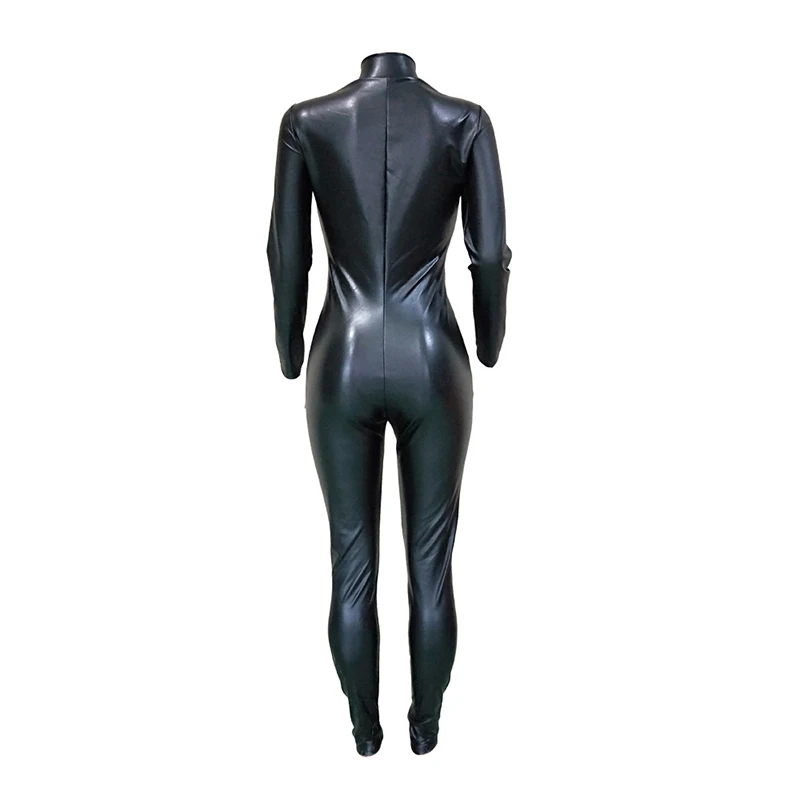 

Clubwear Romper Faux Leather Jumpsuit One Piece Long Sleeve Bodycon Sexy Pu Leather Adult Costume Zipper Fashion