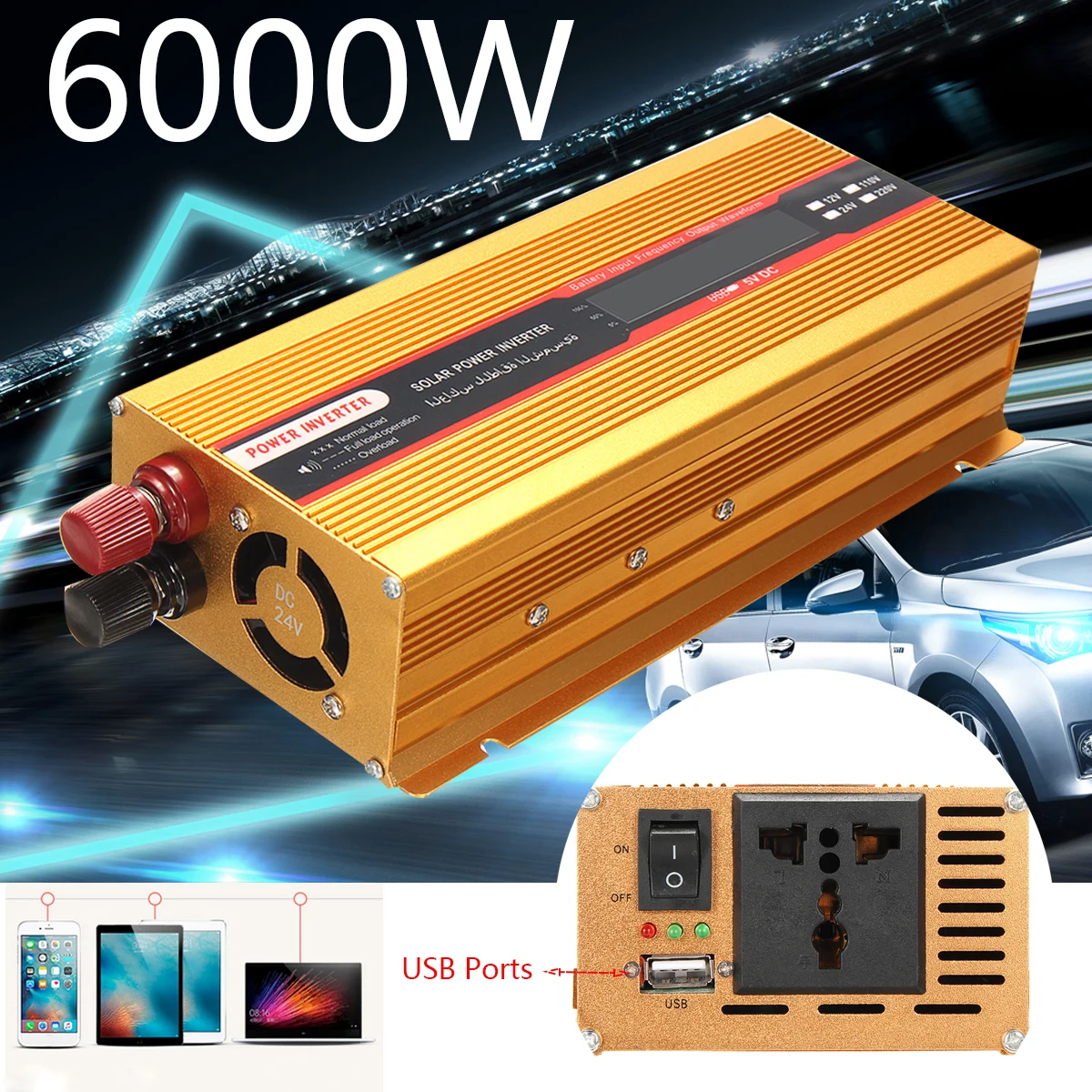 

Converter USB Modified Sine Voltage Transformer Peak 6000W Car Power Inverter 12/24V To AC 220/110V Wave Overload Protection
