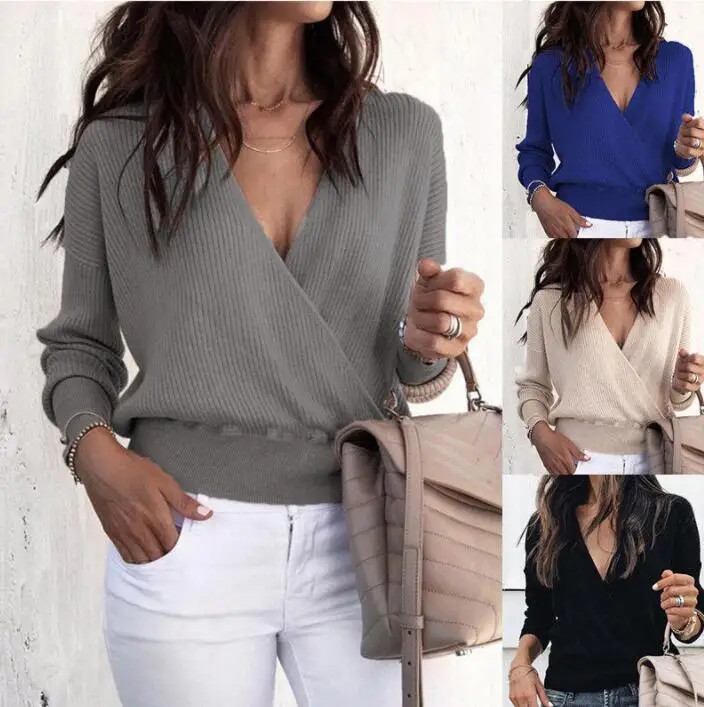 

Sexy V-neck Knitted Top Women Shirts Cross Bandage Long Sleeve Top 2018 Autumn White T Shirt Women Tops Tee Shirt