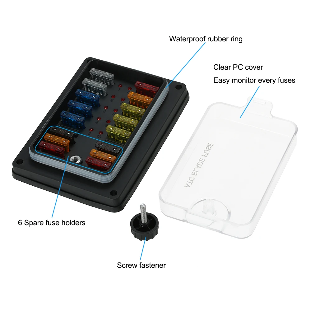 10 способ водонепроницаемый лезвие предохранителя держатель с Светодиодный индикатор для автомобиля лодка морской караван+ 16 шт. предохранители