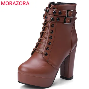

MORAZORA 2020 big size 34-47 round toe platform shoes simple buckle autumn winter ankle boots high heels shoes woman black