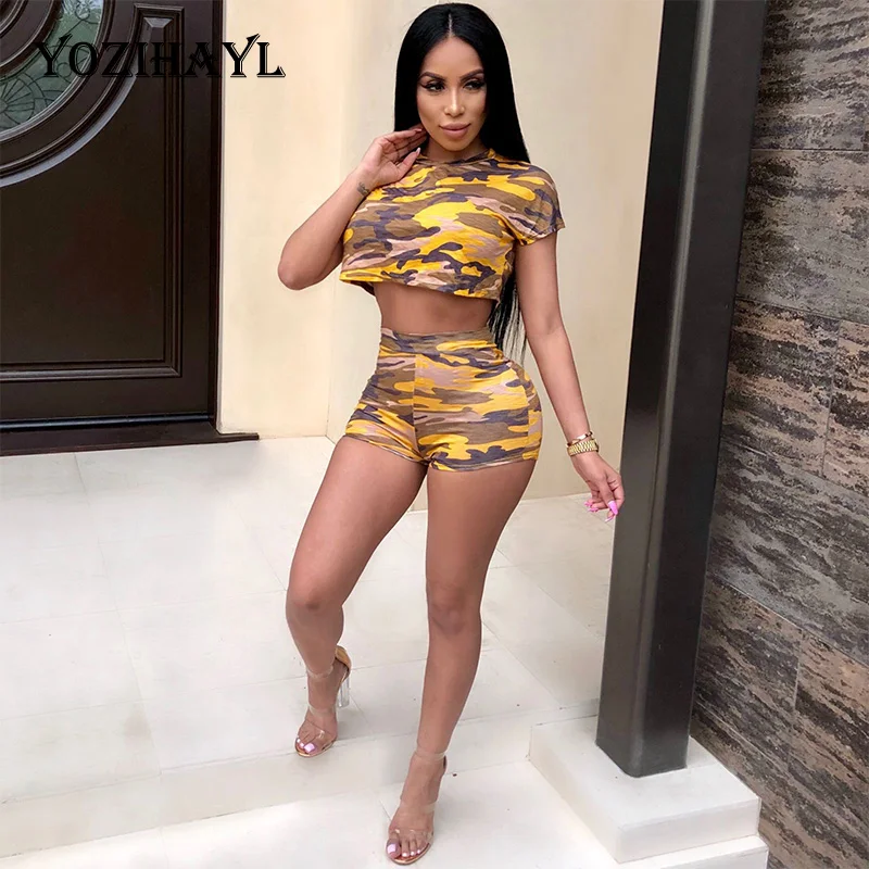 

YOZIHAYL Women Camouflage Print Crop Tops and Pants Fashion Short Sleeve O-Neck 2 Two Piece Sets New Sexy Club Two Piece Sets
