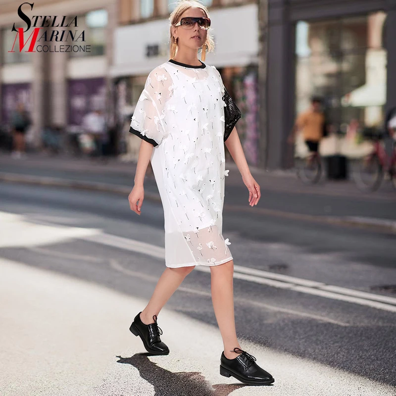 

New 2019 Women Summer White Mesh Straight Dress Cranes Patches Sequins Ladies See-Through Plus Size Sheer Midi Party Dress 4871