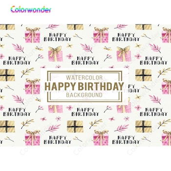 

Colorwonder Vinyl 5x7ft Happy Birthday photography backdrops Pink Gift Box Custom Name photo background Yellow Gift Box Backdrop