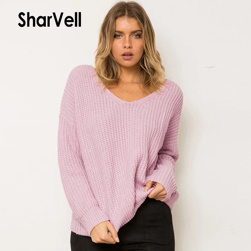 SharVell Women V-Neck Spring Sweater Fashion Backless Criss-Cross Lace Up Streetwear Pullovers Loose Solid Pink Sweaters | Женская