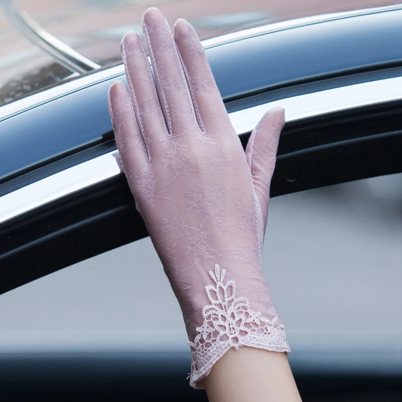 Сексуальные летние женские ультрафиолет солнцезащитные тонкие сенсорные Модные Шелковые кружевные перчатки для вождения женские короткие солнцезащитные перчатки - Цвет: Style C Pink