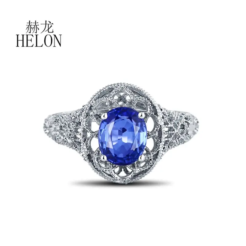 

HELON Solid 18k White Gold Filigree Gemstone Women's Jewelry Ring 8X6mm Oval Cut Sapphire Art Deco Engagement wedding Fine Ring