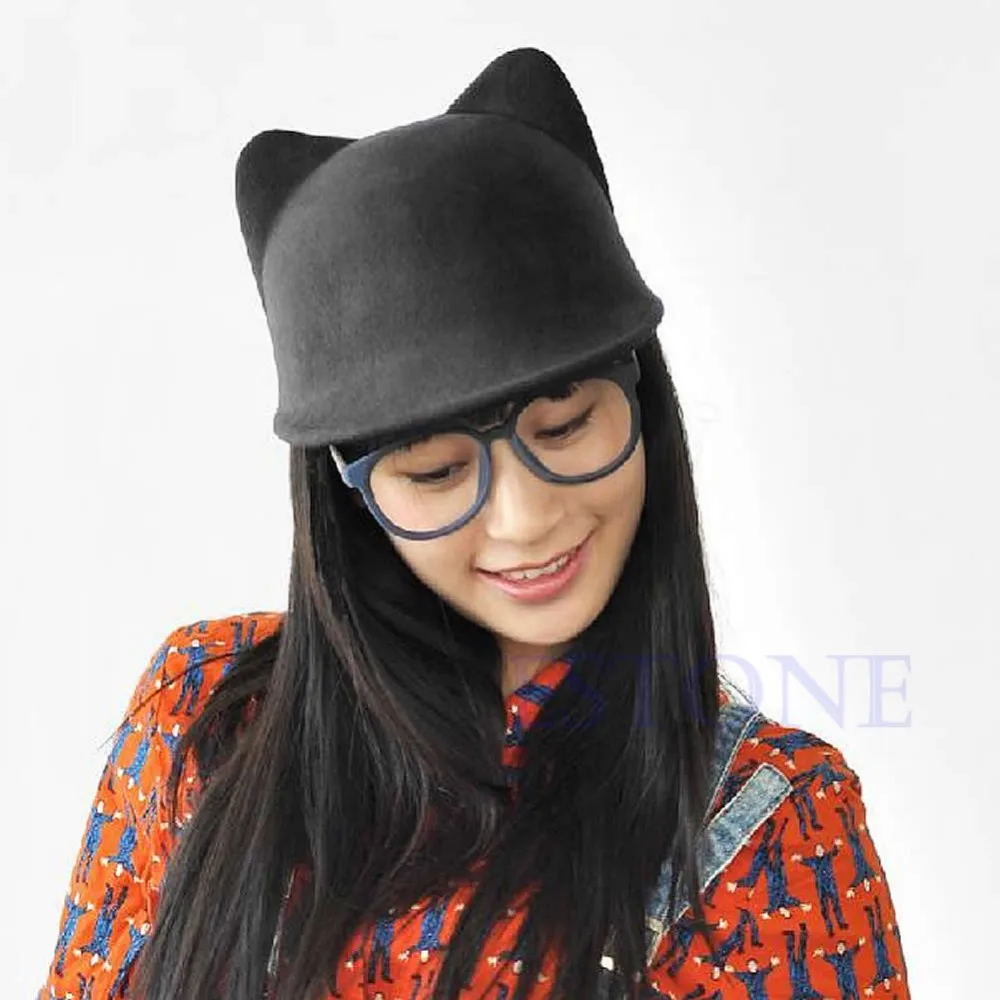 Новая зимняя Модная женская шапка дьявола с милыми кошачьими ушками, шерстяная шапка Дерби котелок