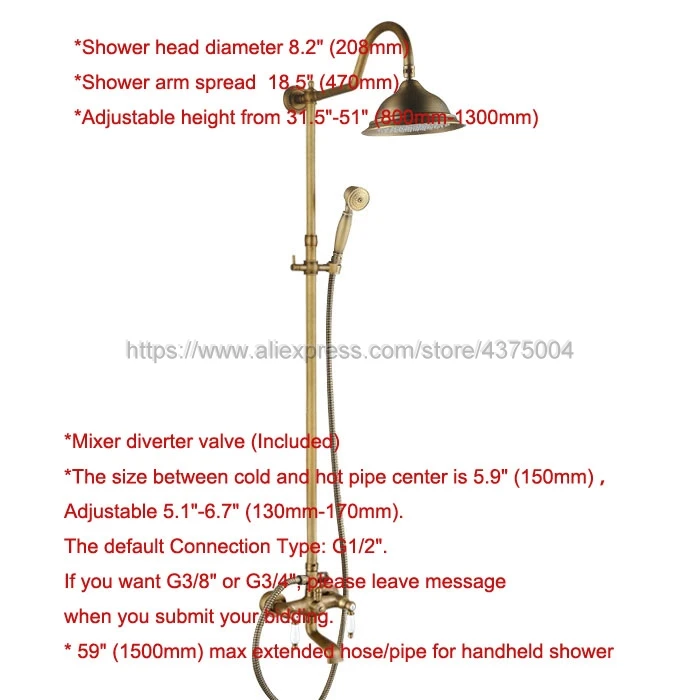 Antique Brass Bath Shower Mixer Faucet Tub Spout Wall Mount 8.2" Rainfall Shower Head + Handshower Nan801