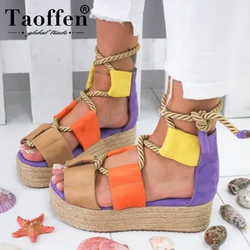 

TAOFFEN 2019 Summer Women Flat Sandals Rope Female Beach Shoes Wedge Shoes High Heel Comfortable Platform Sandals Size 34-43