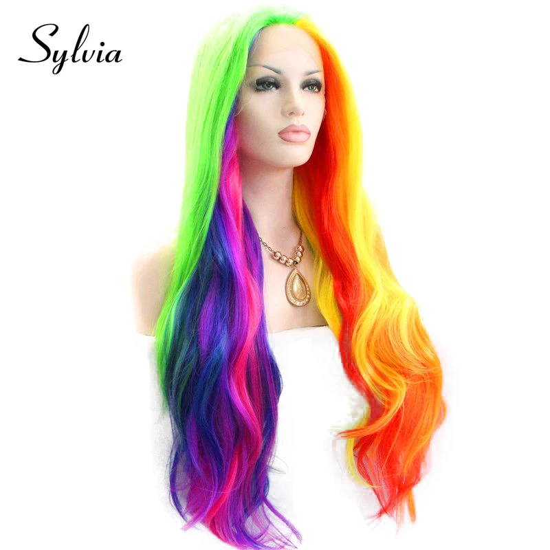 

Sylvia Mixed Multi Colored Rainbow Synthetic Lace Front Wigs Natural Wave Middle Part Long Heat Resistant Fiber Hair For Women