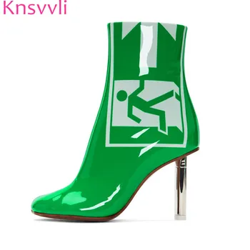 

New design lighter strange high heel ankle boots women bright green patent leather silver metal heel exit round toe short boots