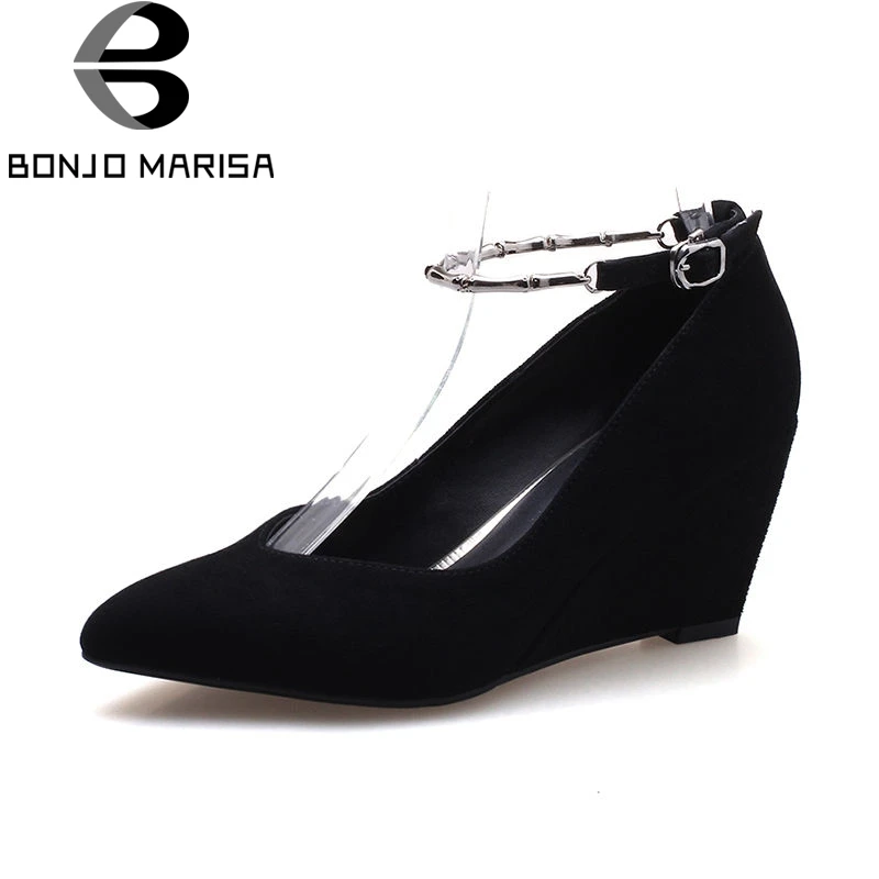 

BONJOMARISA 2018 Spring Autumn Quality Natural Suede Sexy Shallow Women Pumps High Wedges Casual Shoes Woman Decorating Shoes