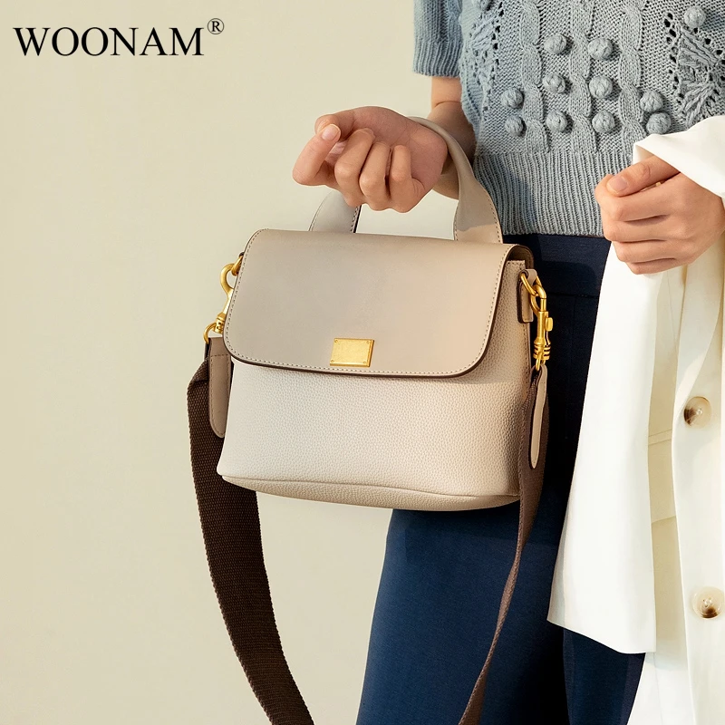 

WOONAM Women Designer Fashion Handbag Top Hide Genuine Calf Leather Contrast Color Satchel Shoulder Bag WB916