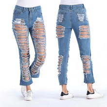 Сезон: весна–лето выдалбливают уличной Для женщин Высокая талия женские джинсовые брюки эластичные пикантные рваные джинсовые штаны S-XXL