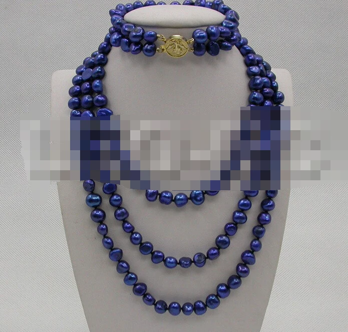 

free shipping 07786 baroque navy blue pearls necklace 2row bracelet set