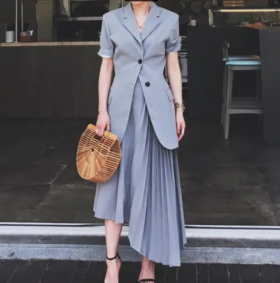 

GETSRING Women Suit Skirt Set Blazer Skirt Sets Pleated Summer Thin Short Sleeved Slim Retrol Sets Suit Fashion 2017 Two Piece