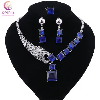 Wedding African Bead Jewelry Set for Women Fashion Silver Plated Dubai Rhinestone Necklace Earrings Ring Set 1