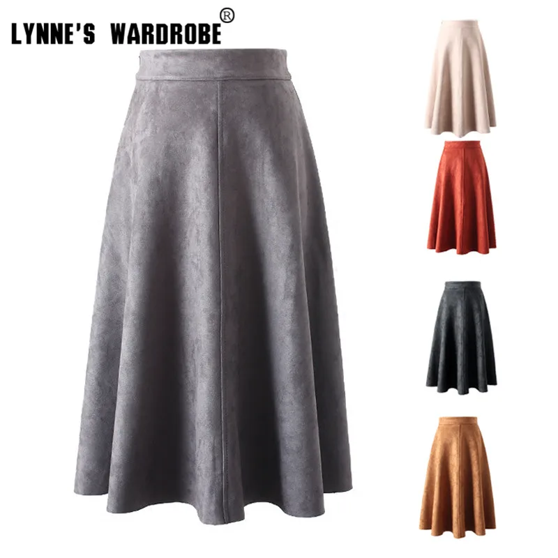 

Autumn Winter Vintage Velvet Suede Skater Mid Skirt High Waisted Patchwork Elegant Flare A-line Below Knee Skirts Gray Khaki
