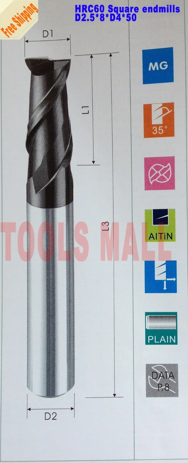

Free Shipping-5pcs 2.5mm 4 flutes Solid Carbide Square End mills HRC60 Milling cutters CNC Spiral Router bits CNC tools