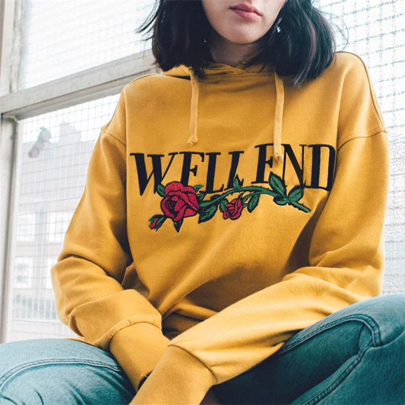 

Women's Hoodies New Rose Print Loose Tie Long-sleeved Hooded Sweatshirt Top Pullover