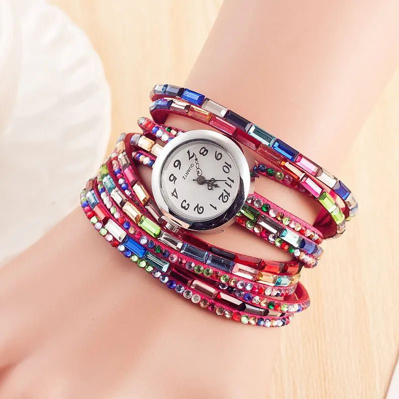 Модные женские часы из кожи цвета, женские повседневные кварцевые часы, блестящий браслет часы с кристаллами, Relogio Feminino Montre Femme - Цвет: Hot Pink