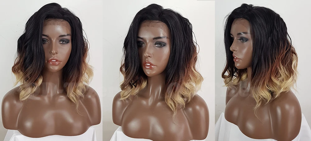 QD-Tizer Short Ombre Brown Hair Synthetic Lace Front Wigs Glueless Lob Hair Free Part Synthetic Lace Wigs for Fashion Women5