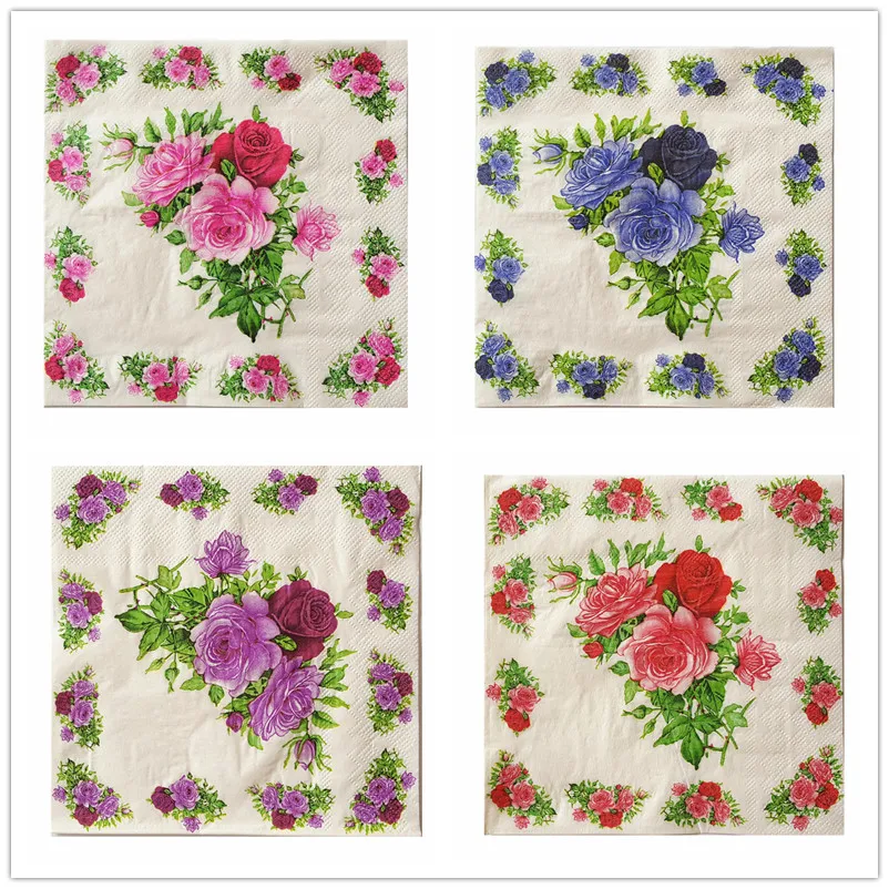 

20 Vintage table napkin paper tissue purple blue red pink rose flowers decoupage wedding party serviette home hotel cafe decor