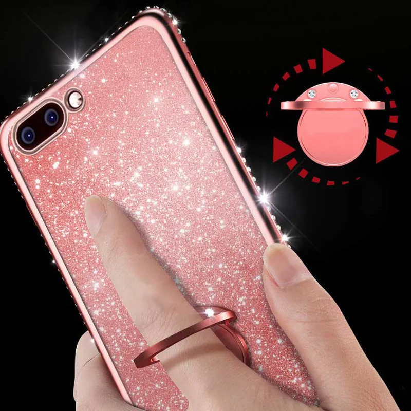 

Diamond 360 Ring Holder Plating Liquid Silicone Glitter Case For iPhone X XS MAX XR Bling Soft Cover For iPhone 7 8 Plus 6 6S