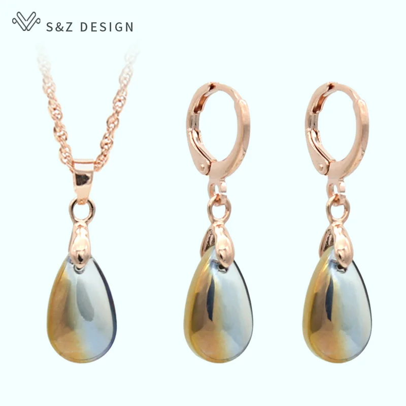 

S&Z New Cute 585 Rose Gold Water Drop Colourful Glass Dangle Earrings Jewelry Set Korean For Women Fashion Party Jewelry Gift